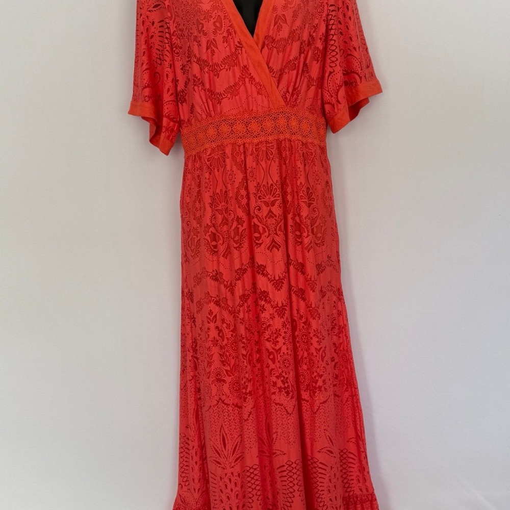 Farm Rio Anthropologie coral Devore lace maxi/ midi dress size small - Picture 5 of 10